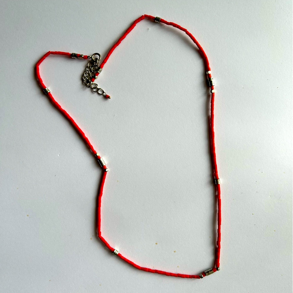 Red beaded stone and silver African necklace